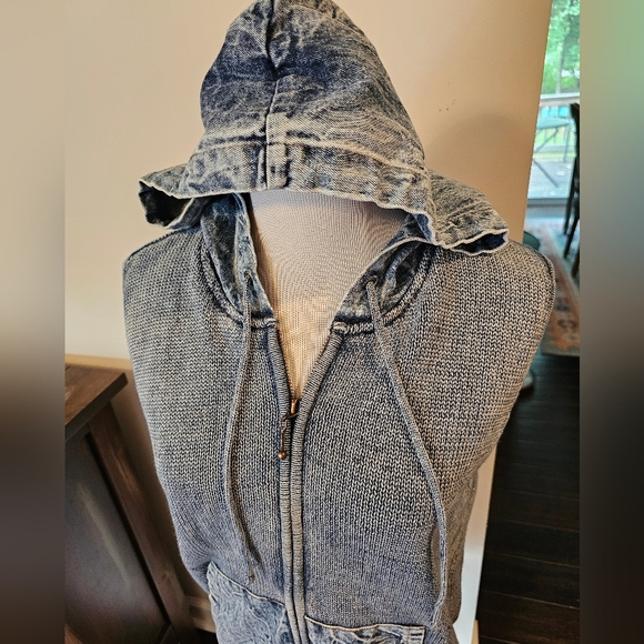 North Style Size MED• Vintage Full Zip Hooded Knit Denim Mixed Media Vest Unique - Picture 2 of 11